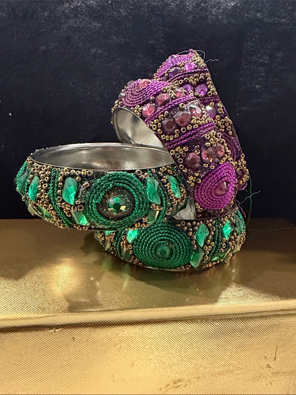 Handcrafted Green and Purple Beaded Women’s Bangle Set